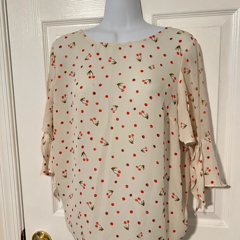 LC Lauren Conrad Cream Blouse with Red Cherries and Floral Accents